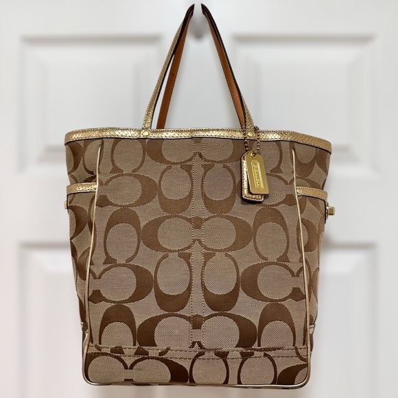 Coach Handbags - Coach Signature Canvas Vintage Tote Gold Snakeskin Embossed Leather